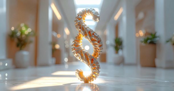 Rückgrat als Paragraphzeichen vor heller Physiotherapiepraxis