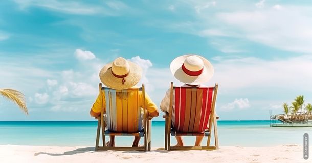 Zwei Personen mit Sonnenhüten sitzen entspannt in Liegestühlen am Sandstrand mit Blick auf das türkisblaue Meer.