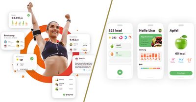 Frau vor Screenmockup mit verschiedenen Ernährungsinformationen