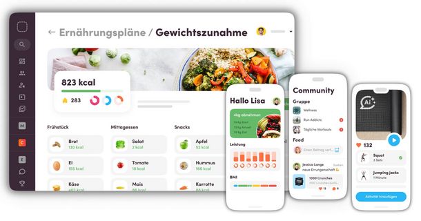 Frau vor Screenmockup mit verschiedenen Ernährungsinformationen
