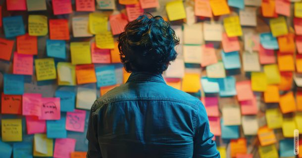 Mann von hinten vor einer wand mit vielen Post its