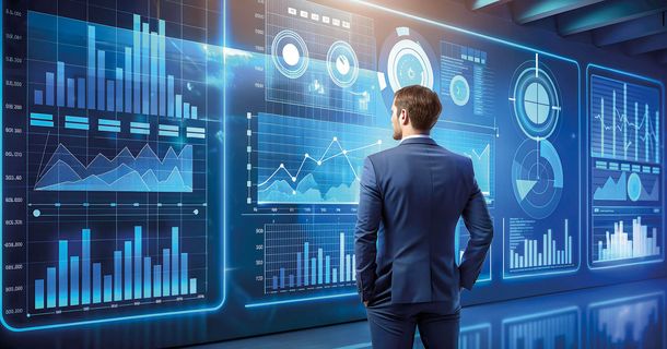 Businessmann steht vor einem digitalen Dashboard mit Graphen