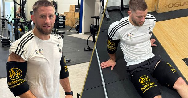 Fitnessstudiomitglied trägt die DuoRecover-Schienen