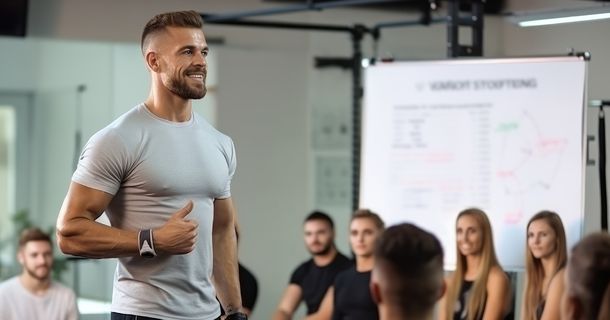 Ein lachender Personaler steht in einem Büroraum und um ihn herum sitzen Mitarbeiter