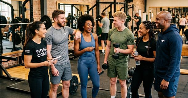 Eine fröhlich zusammenstehende Gruppe von Trainern in einem Gym