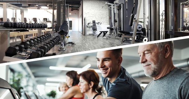 Collage aus einem personallosen Fitnessstudio und einer Einweisung eines Fitnessstudiomitglieds durch einen Trainer