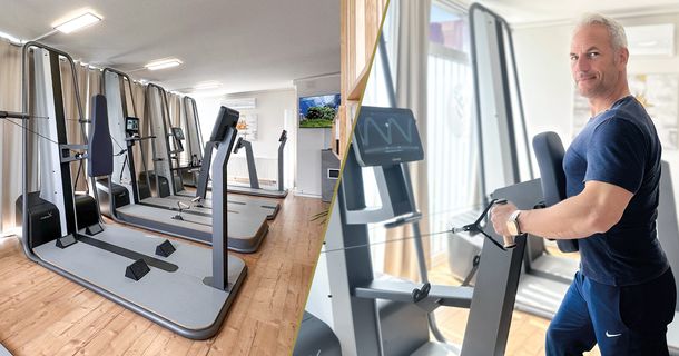 Collage aus milon x Trainingsstationen und einem Fitnessstudiomitglied das an einem Trainingsgerät trainiert