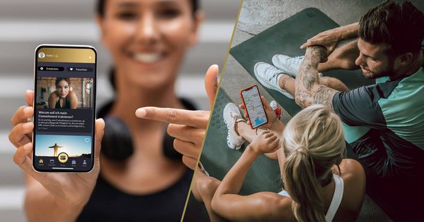 Collage aus Fitnessstudiomitgliedern die sich das Content Studio in der DSB-ONE App anschauen