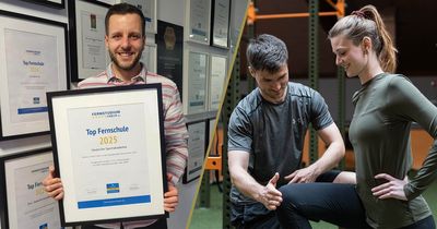 Collage aus Deutsche Sportakademie-Representant mit Auszeichnung und Trainer mit Fitnessstudiomitglied
