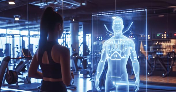 Frau steht im Fitnessstudio vor einem Hologramm
