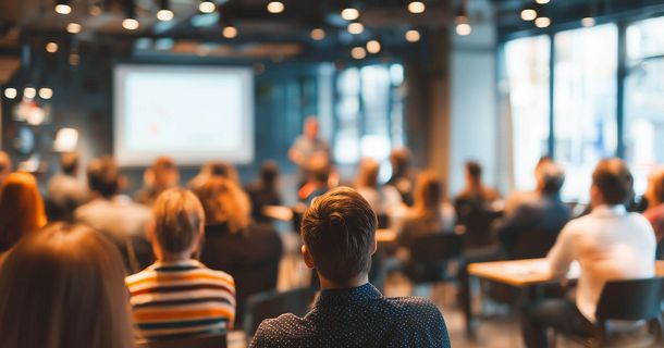Physiotherapeuten, die in einem Vortragsraum sitzen und an einer Fortbildung teilnehmen