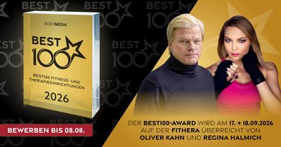 Noch bis zum 08.08.2026 können sich Betreiber von Fitnessstudios und Physiotherapiepraxen im DACH-Raum für den begehrten BODYMEDIA BEST100 Award bewerben. Den Gewinnern wird der Award dann von Oliver Kahn und Regina Halmich auf der fithera am 17. und 18. September überreicht. 