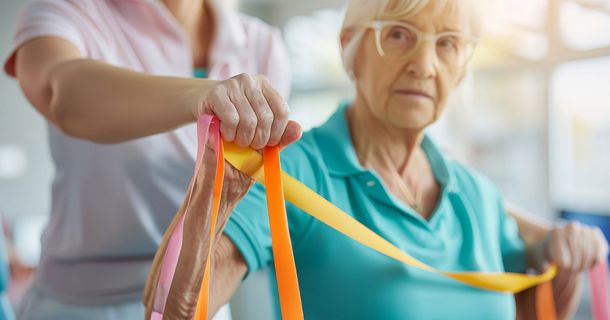In einer Geriatrie wird eine Patientin von einer Therapeutin behandelt.