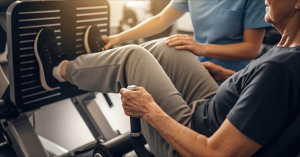 Eine ältere Frau sitzt an einer Beinpresse in einer Physiotherapiepraxis und führt ein Krafttraining für die Beine durch. Ihre Füße in schwarzen Sportschuhen stehen auf der großen, geriffelten Plattform des Geräts, während ihre Hände die Haltegriffe greifen. Eine Therapeutin in hellblauer Arbeitskleidung steht leicht vorgebeugt daneben und unterstützt sie, indem sie die Ausführung aufmerksam begleitet und eine Hand anleitet. 