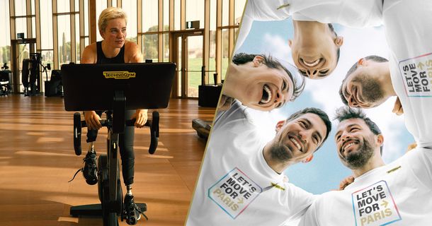 Paraathletin Bebe Vio auf einem Techngym-Bike und Athleten in einem "LET'S MOVE FOR PARIS" T-Shirt