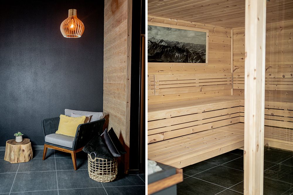 Sitzecke und Sauna im Wellnessbereich des PEAKS in Isny