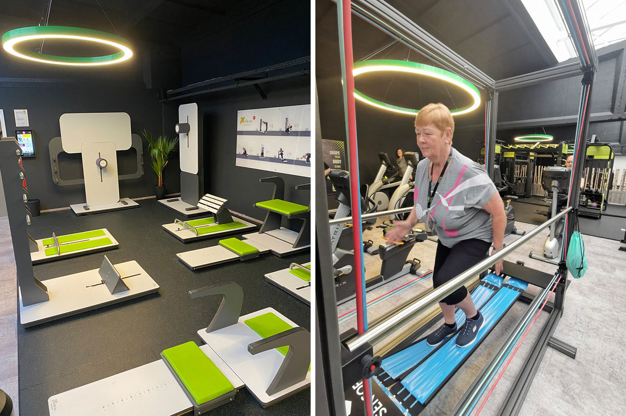 Rechts sind Trainingsgeräte vom Studio FitAktiv zu sehen und linke sind Geräte an dem eine Person auf dem Reha Sport Bereich trainiert..