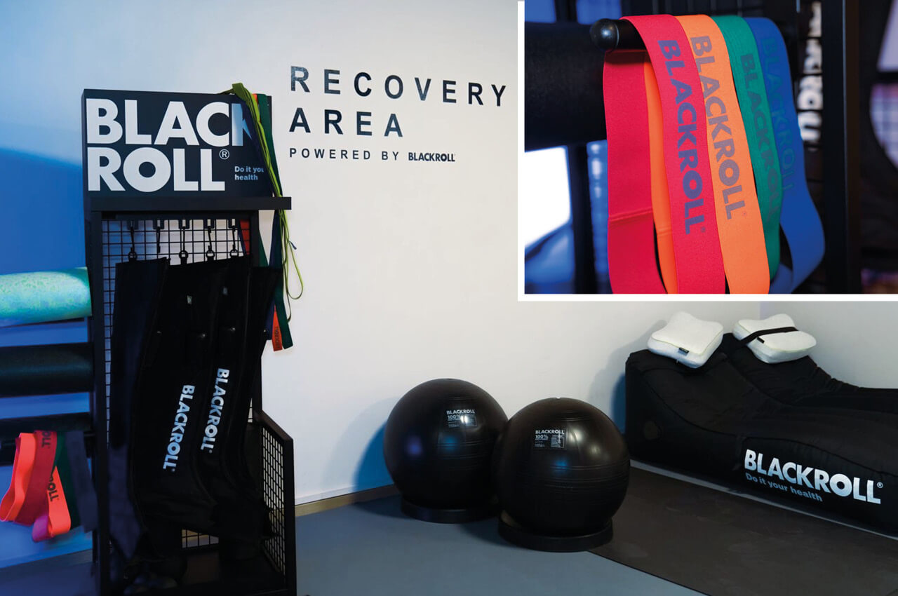 Studios wandeln wenig genutzte Flächen in Bereiche für Compression Boots, Faszien-Guns und Faszientraining um und stellen so Recovery in den Fokus Recovery Area mit Equipment von BLACKROLL