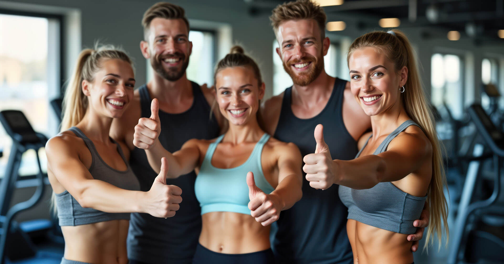 Junge Fitnessstudiomitglieder die den Daumen hochhalten