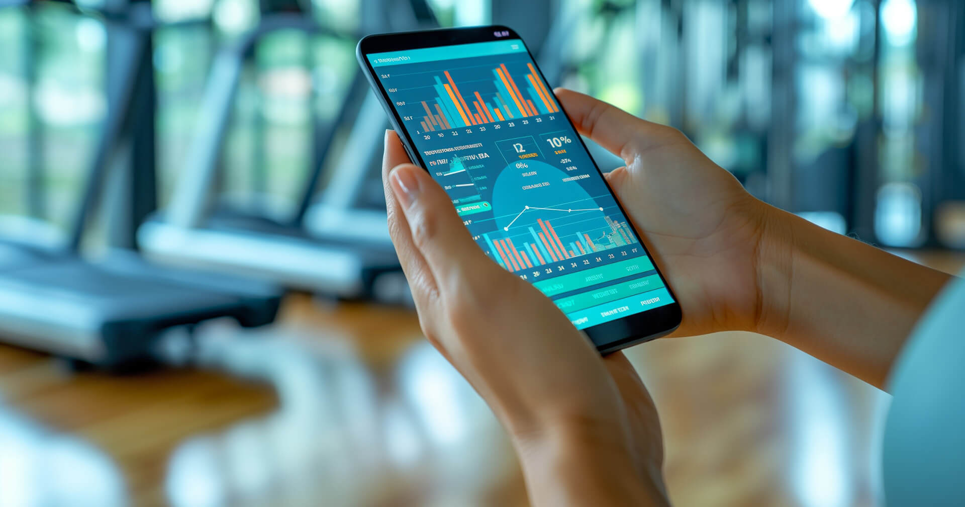 Trainer im Fitnessstudio hält Tablet in seiner Hand und prüft Zahlen