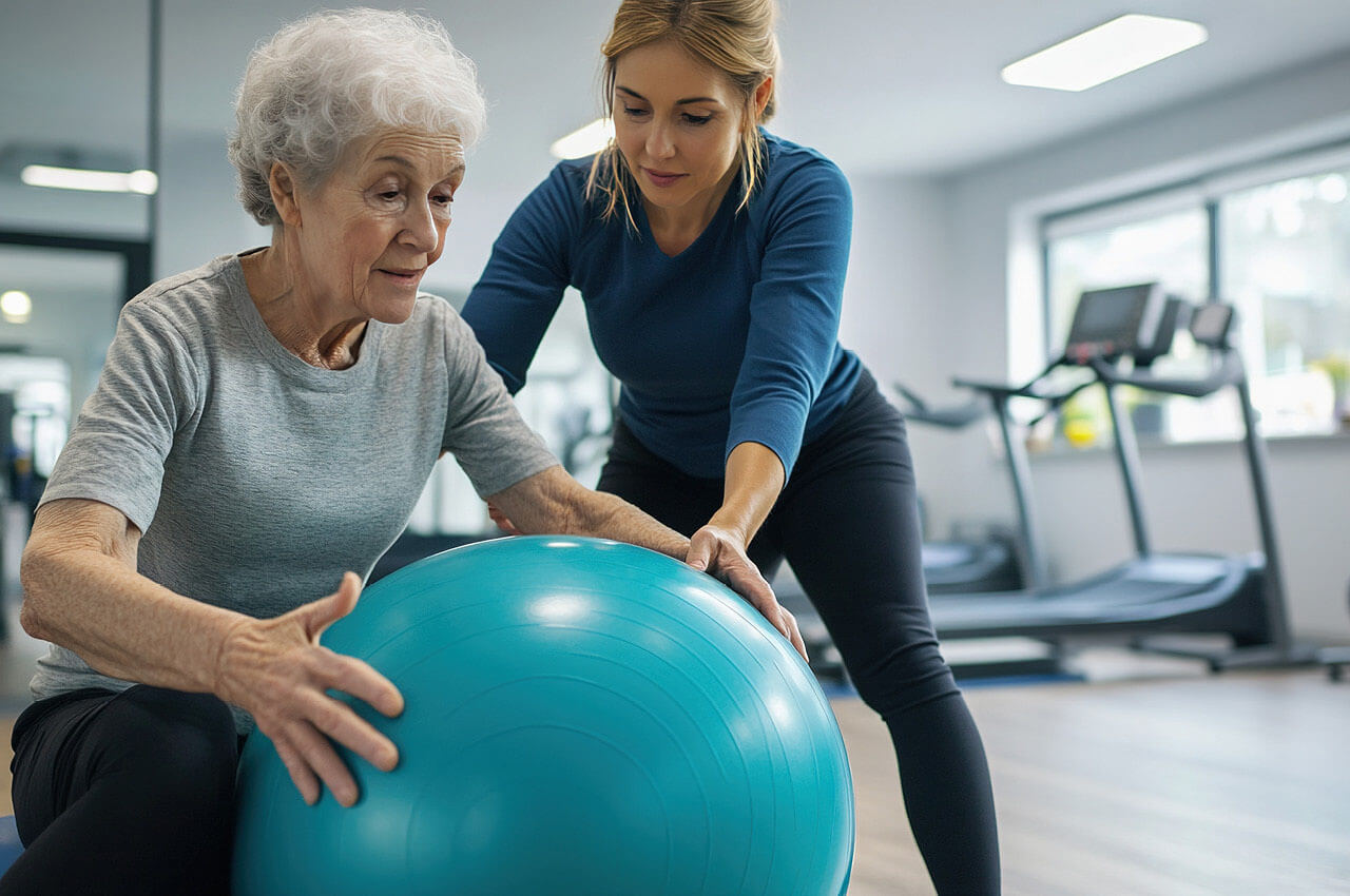 Eine Physiotherapeutin unterstützt eine ältere Patientin, die einen Gymnastikball in der Hand trägt.
