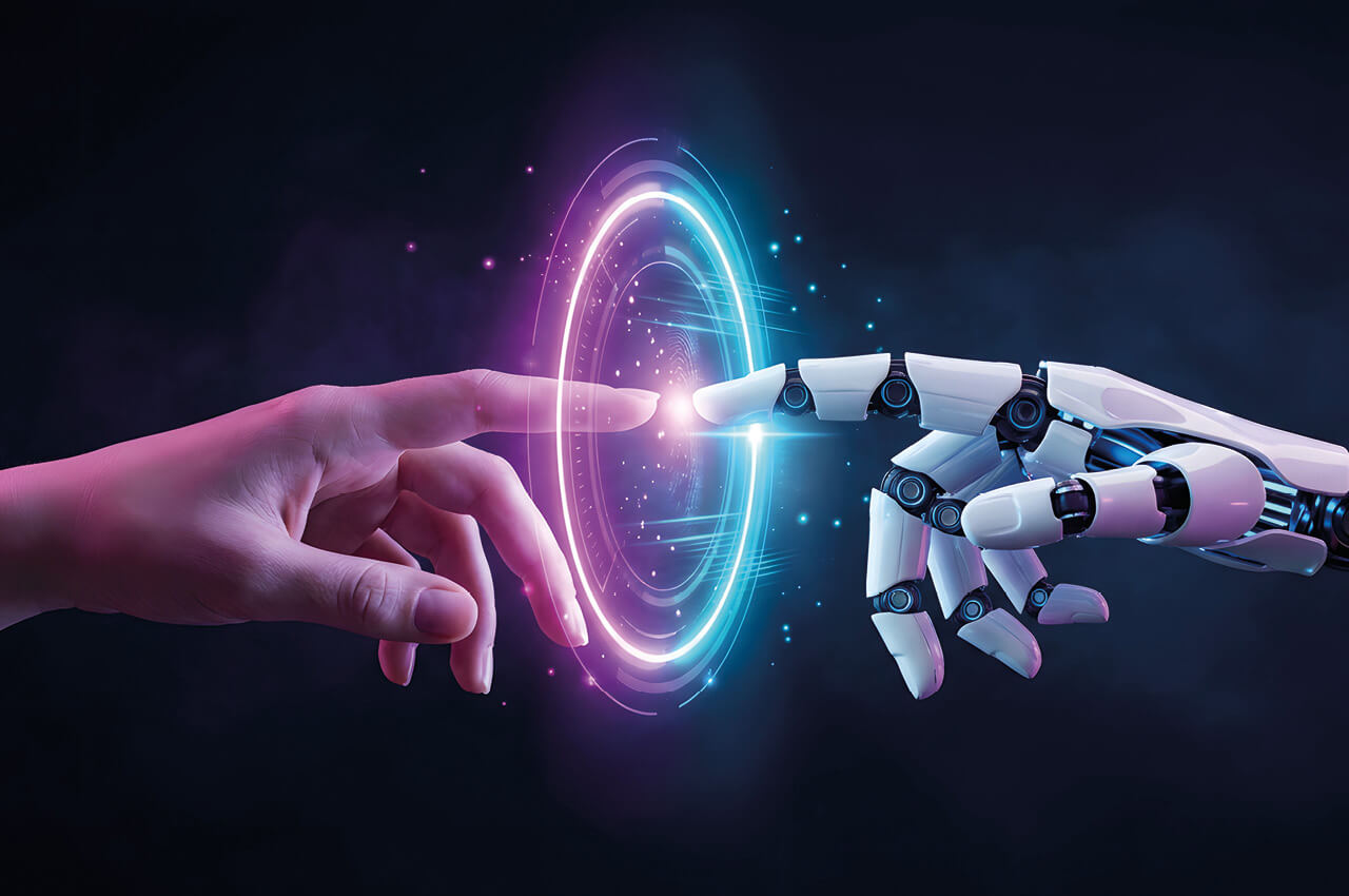 Aktuell sollte zur Sicherheit jeder vollständig durch KI generierte oder manipulierte Text gekennzeichnet werden Ein Roboterfinger berührt einen menschlichen Finger