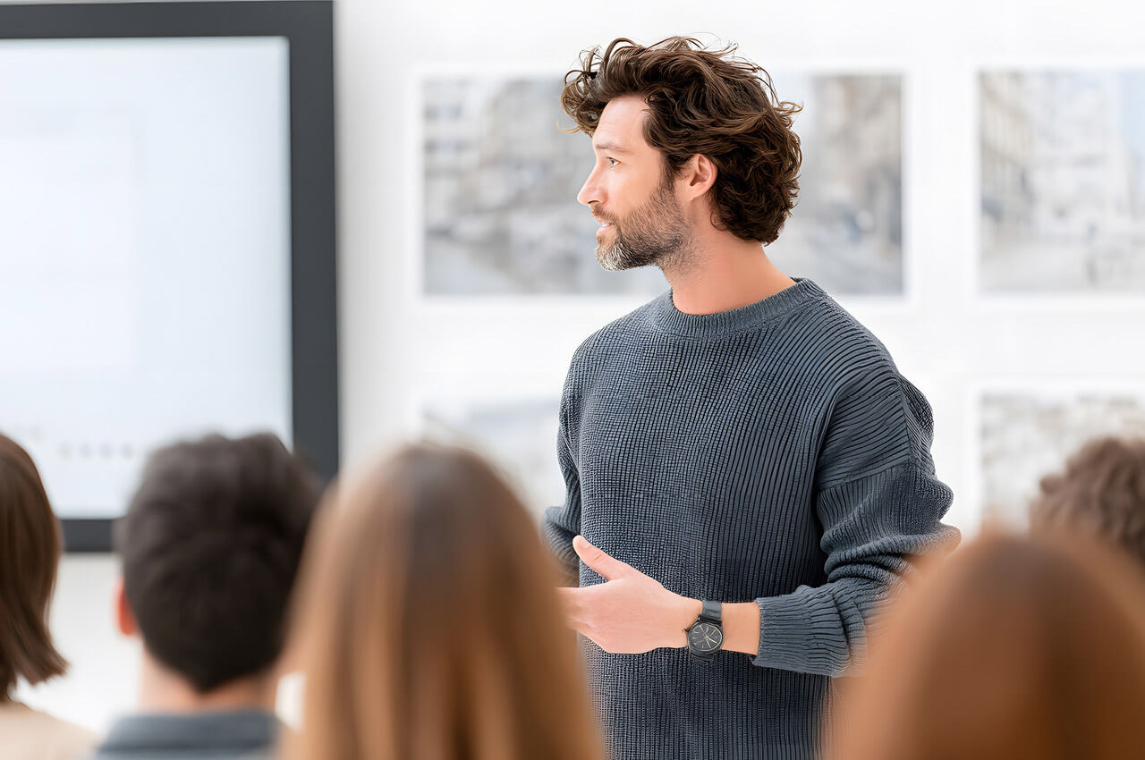 Unternehmer steht vor ein paar Leuten und h&auml;lt einen Pitch