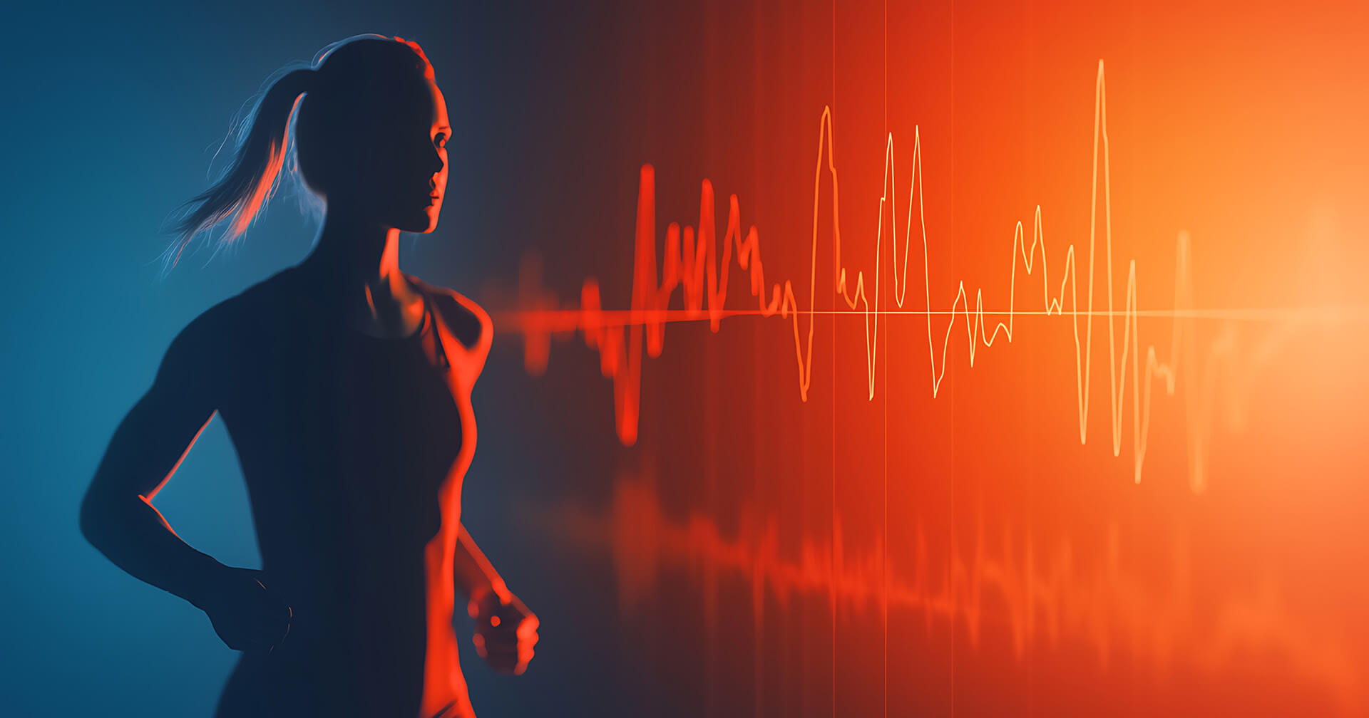 Frauensilhouette vor rot blauem Hintergrund