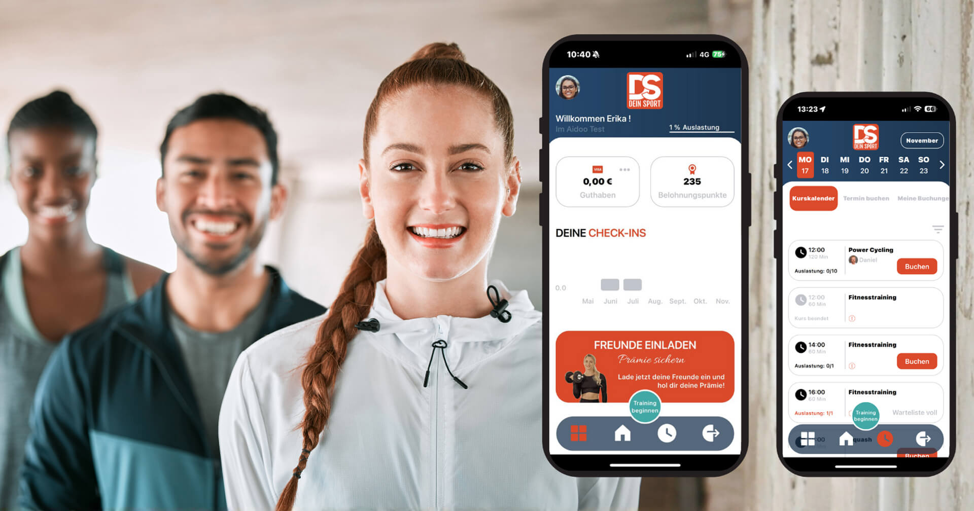 Fitnessstudiomitglieder und daneben ein Smartphone mit der Aidoo-Software