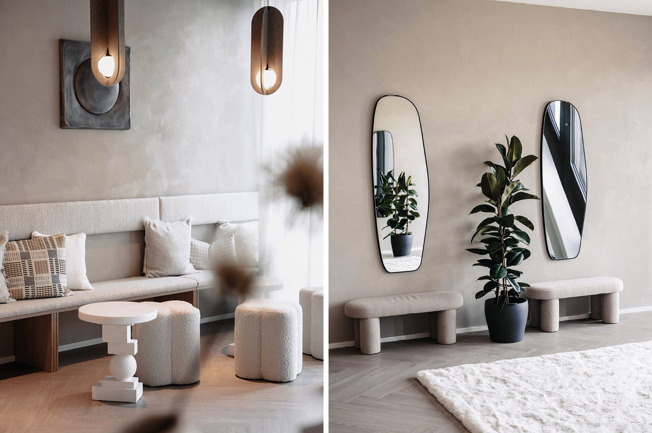 Eine zweiteilige Ansicht eines modernen Interieurs. Links: Ein heller Loungebereich mit einem beigen Teddyfell-Sofa, passenden Hockern, einem wei&szlig;en Tisch und H&auml;ngeleuchten vor einer  Wand. Rechts: Ein Garderoben- oder Wartebereich mit zwei ovalen Spiegeln, zwei passenden Teddyfell-B&auml;nken, einer Pflanze und einem flauschigen wei&szlig;en Teppich auf Fischgr&auml;tparkett.