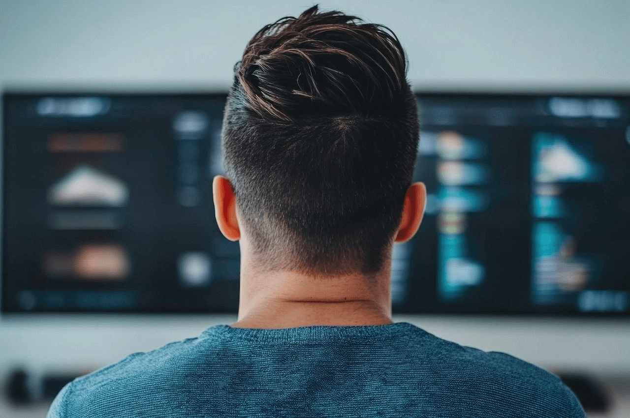 Ein Studiobetreiber blickt auf einen Bildschirm auf der eine Software geöffnet ist
