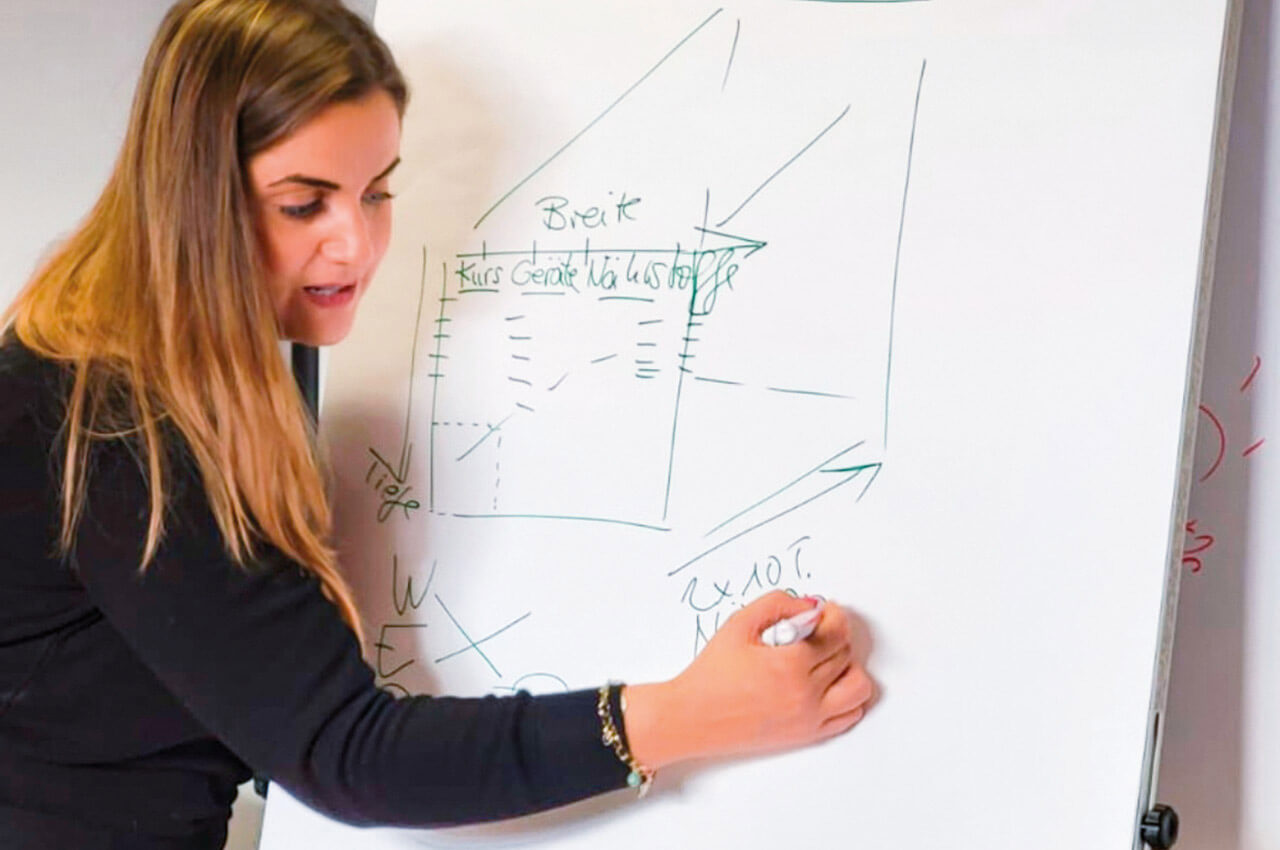 Frau zeichnet etwas auf ein Flipchart