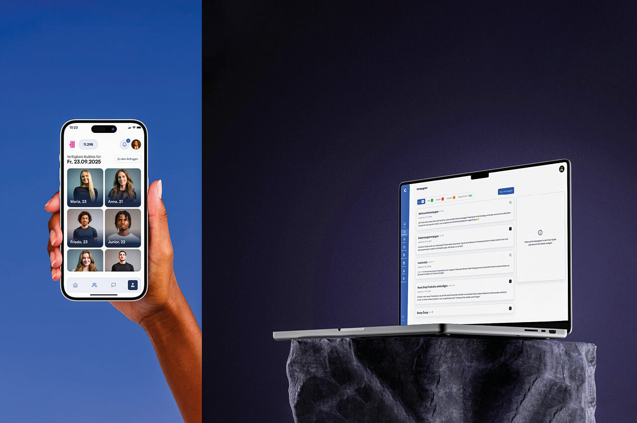 IMARA Labs entwickelt mit IMARA Connect eine B2B2C-Customer-Retention-Software für Fitnessstudios Smartphone und Laptop-Mock-Up von IMARA Labs