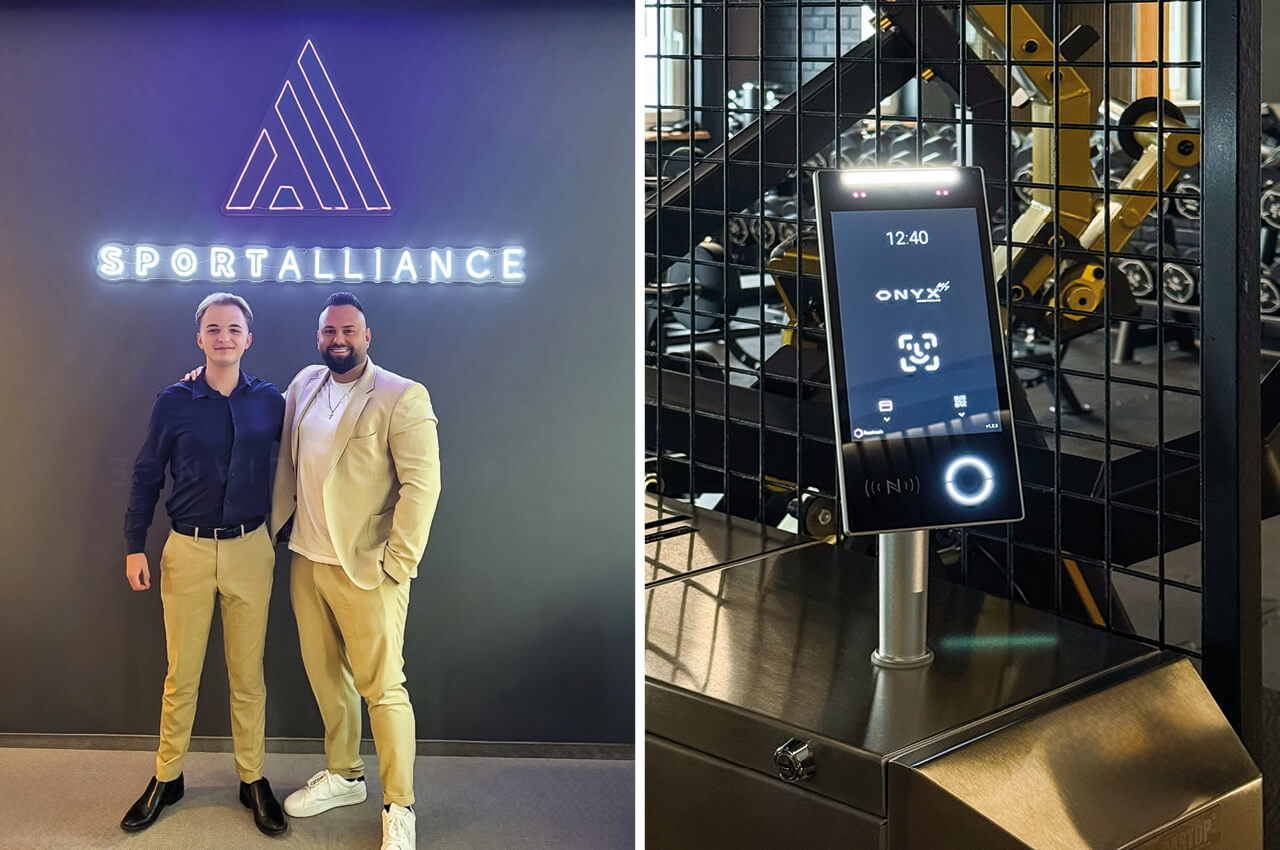 Gründer und Geschäftsführer Phil Ehrmann (oben rechts im Bild) und Anton Dieterich Gründer und Geschäftsführer Phil Ehrmann (oben rechts im Bild) und Anton Dieterich sowie das Facetronic-Display an einem Fitnessstudioeingang