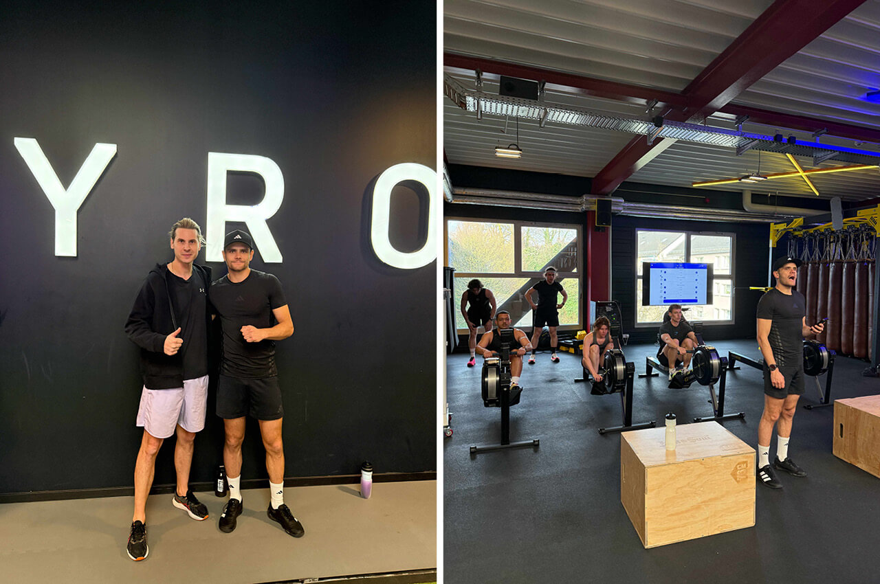 Tim Wenisch peitschte die Teilnemer an und nahm sich Zeit, um Tipps zu geben und die Besonderheiten von HYROX zu erklären Tim Wenisch mit BODYMEDIA-Redakteur Dennis und beim Training