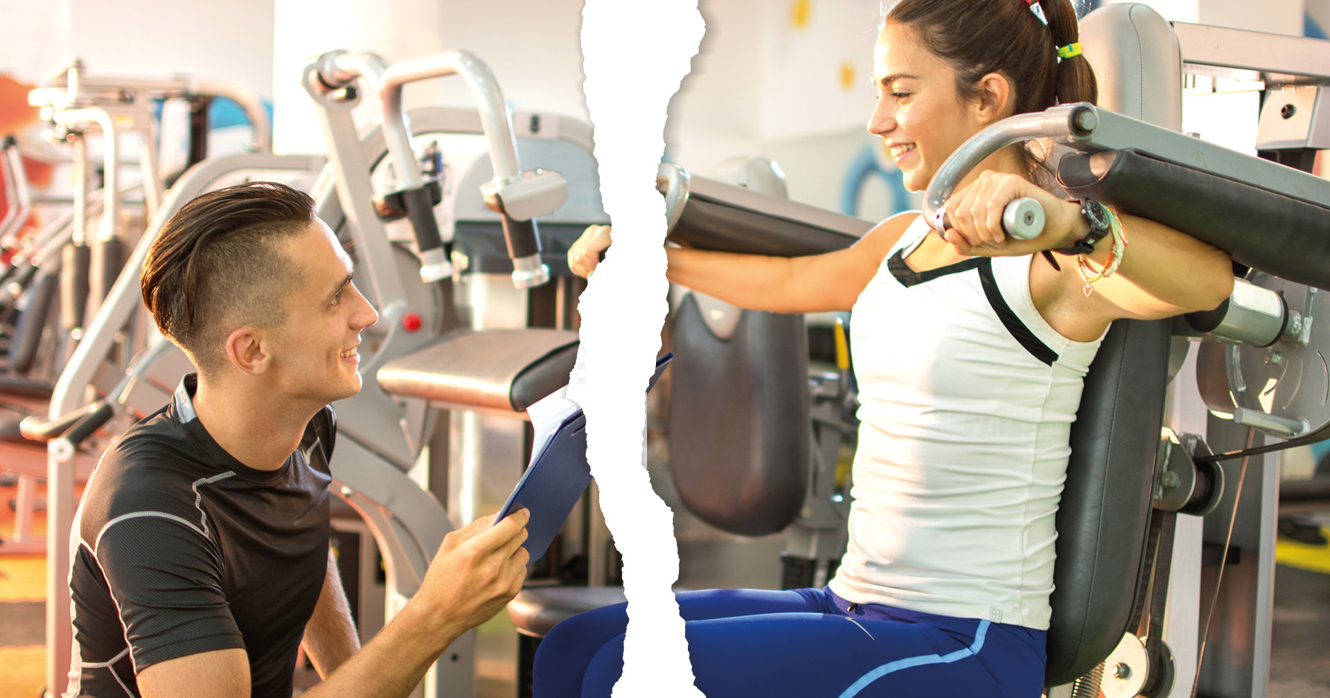 In der Mitte zerrissenes Bild von einem Trainer und Mitglied beim Training  