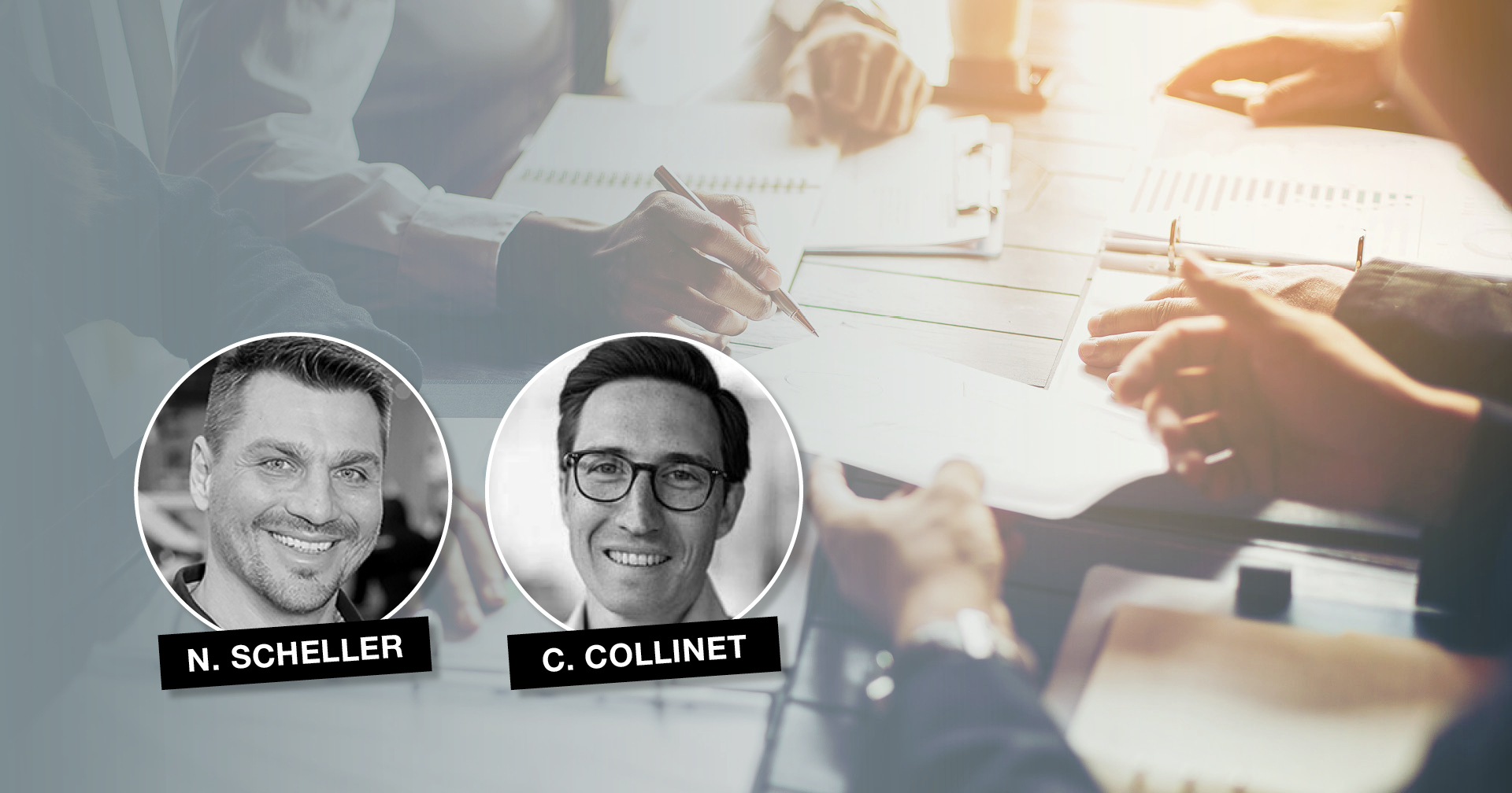 Im Vordergrund die Porträts von Nico Scheller und Christophe Collinet, Chief Commercial Officer der LifeFit Group, im Hintergrund verhandelnde Unternehmer