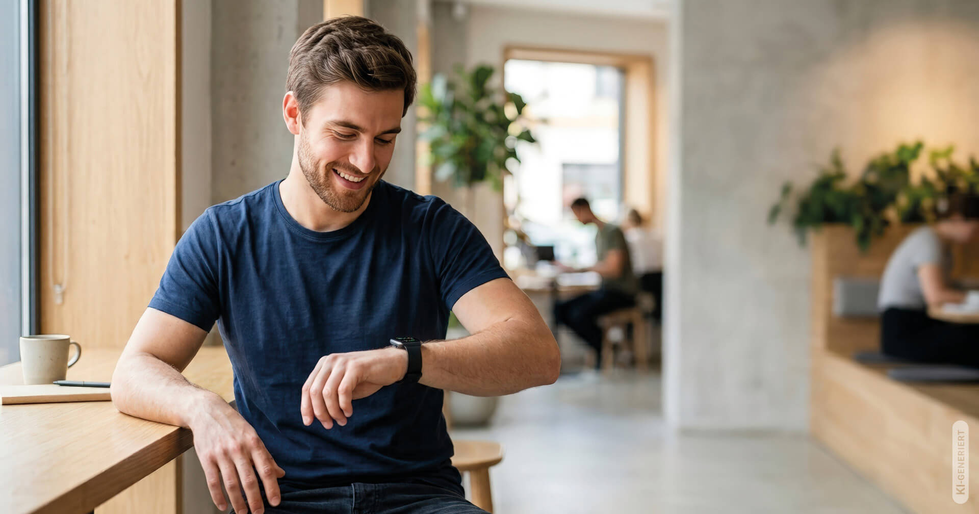 Mann im T-Shirt blickt auf seine Smartwatch