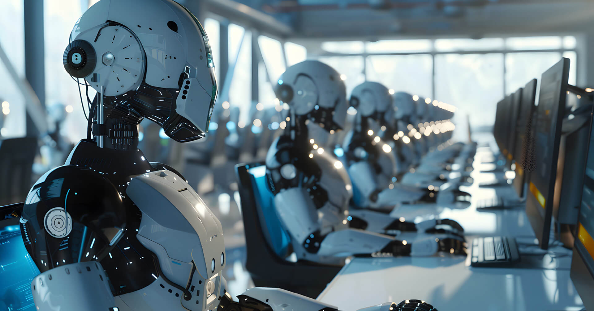 Verschiedene futuristisch aussehende Roboter an Laptops