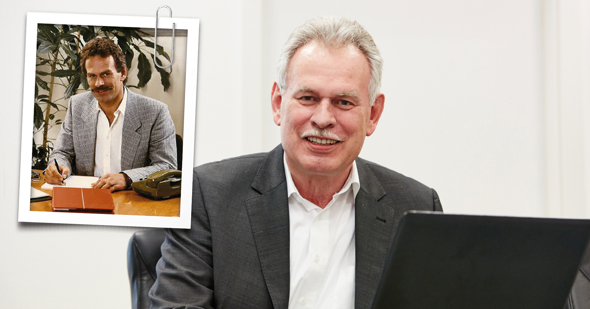 Der aktuelle Volker Ebener neben einem Bild aus seiner Vergangenheit