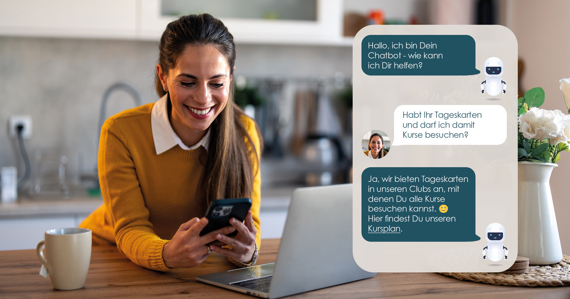 Eine Frau steht in der Küche mit einem Smartphone in der Hand und rechts wird ein Chat angezeigt