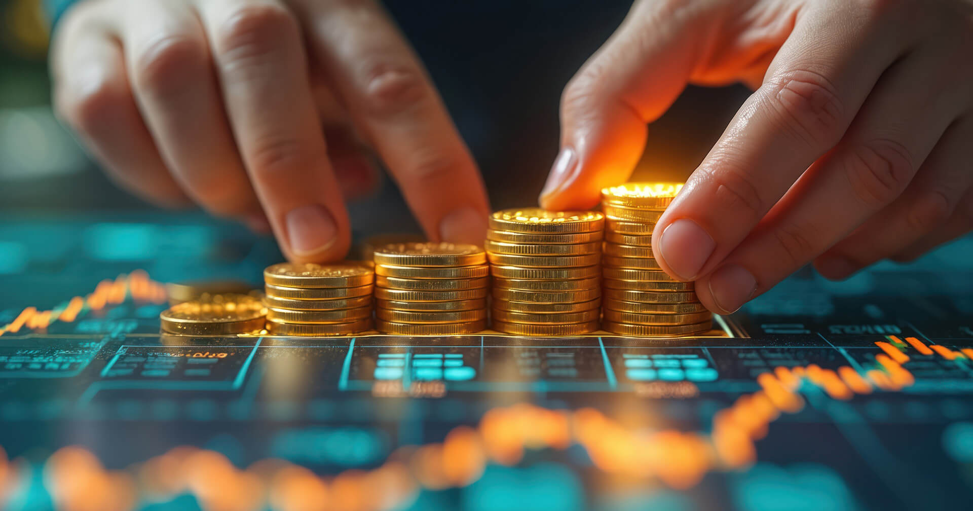 Hände bauen Geldtürme