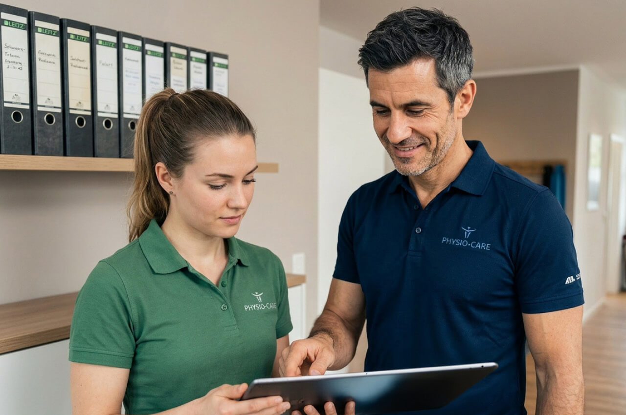 Ängste nehmen: Der Digital Leader sollte bei den Mitarbeitern mögliche Vorbehalte und Ängste gegenüber der technischen Mittel nehmen Therapeut erklärt Mitarbeiterin etwas am iPad