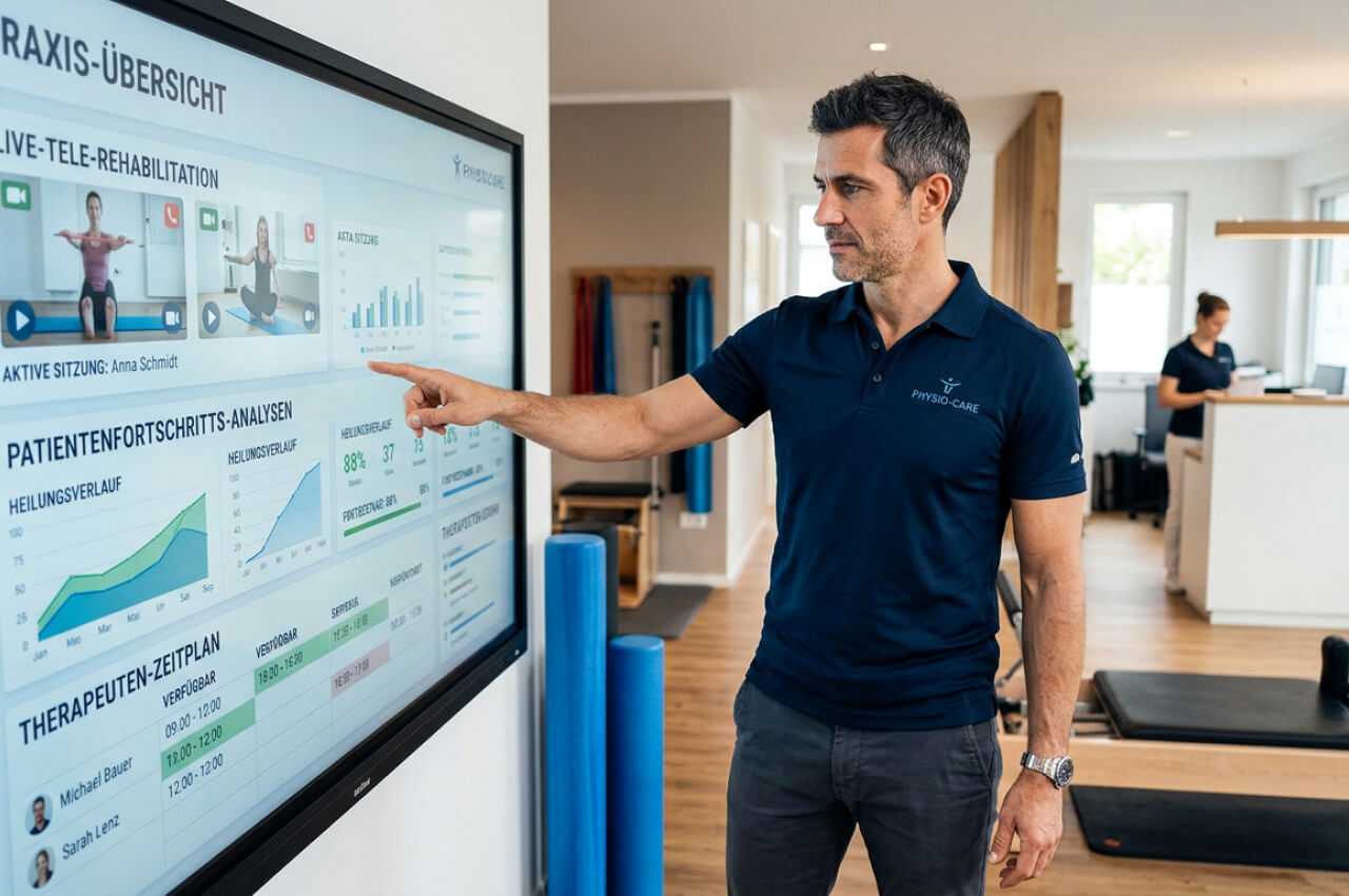 Der Chef als Macher: Der Digital Leader sollte auch Praktiker sein und sich mit den digitalen Systemen in der Praxis auskennen Physiotherapeut erklärt etwas vor einer digitalen Flipchart in der Praxis