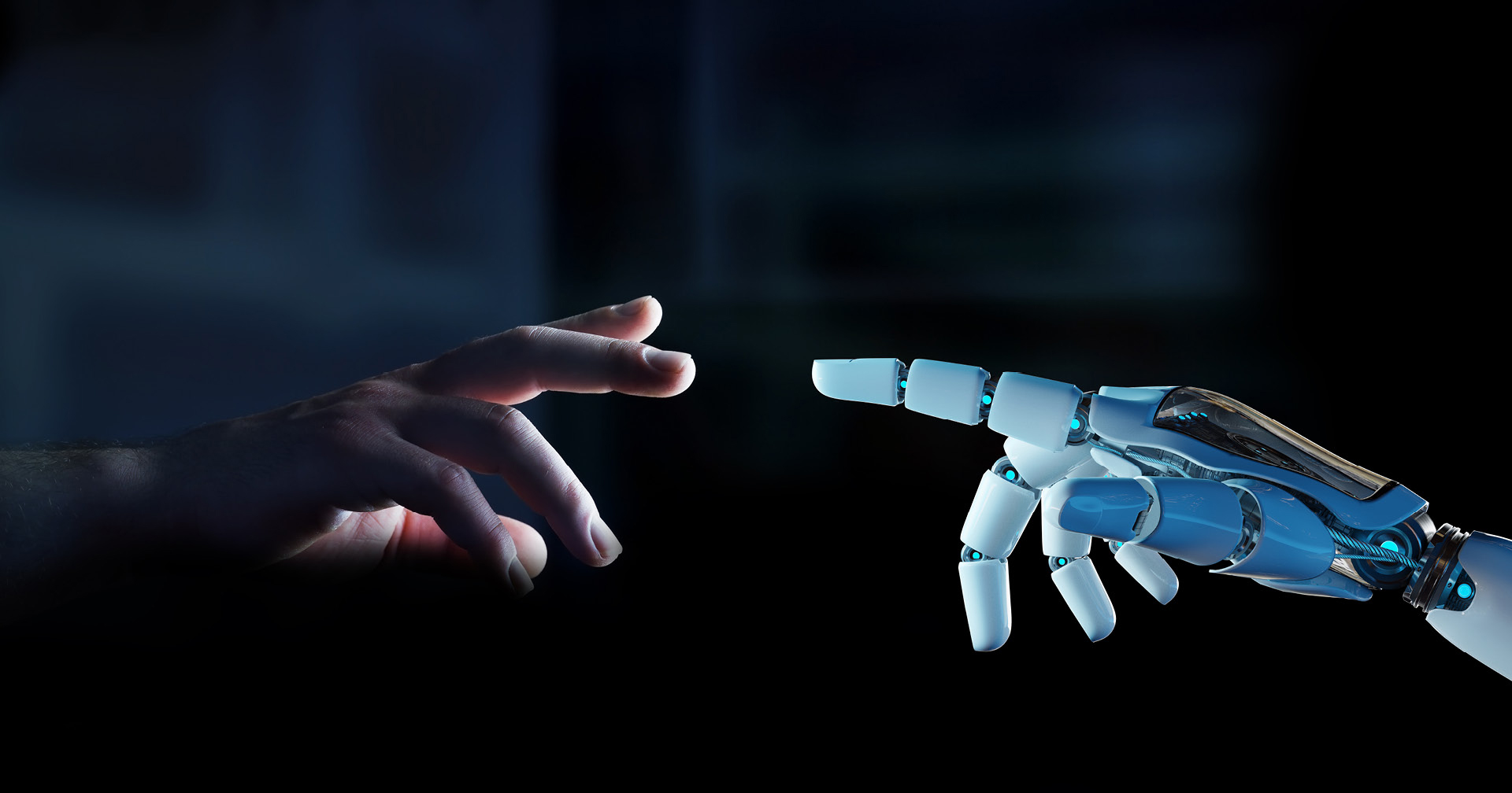 Menschenhand und Roboterhand kommen aufeinander zu