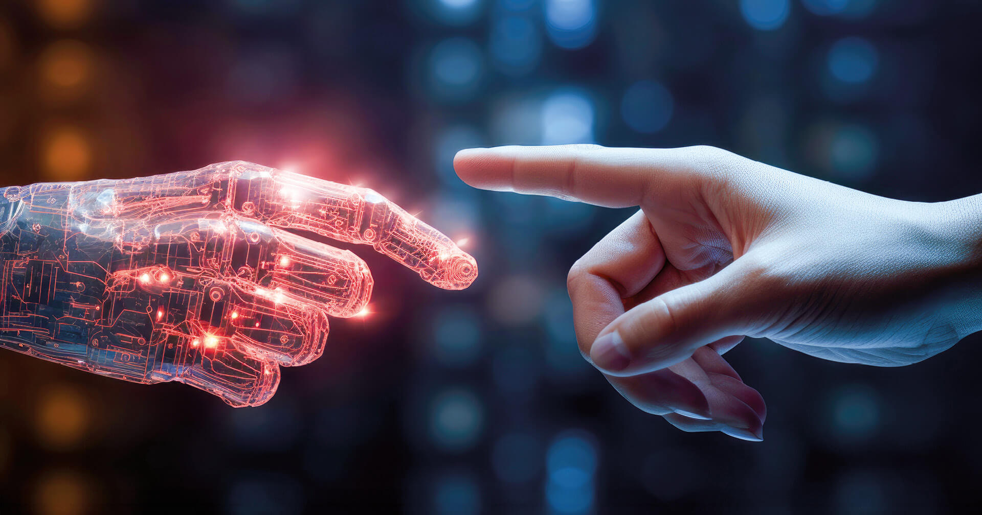 Digitale Roboterhand und normale Menschenhand nähern sich an