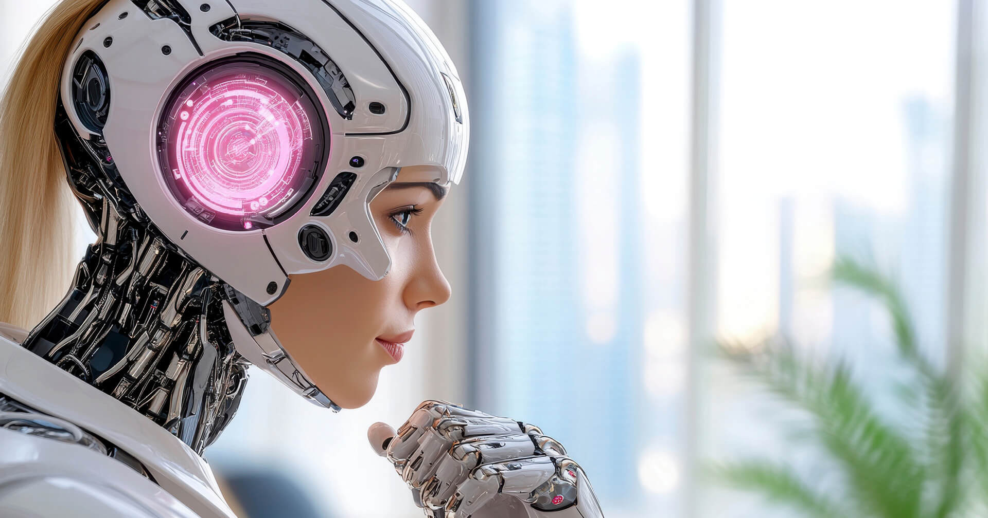 Seitenprofil und Nahaufnahme des Kopfes und Oberkörpers eines humanoiden Roboters (oder Cyborgs) mit langen, blonden Haaren. Der Roboter hat glatte, weiße Kopfpanzerung, einen sichtbaren, mechanischen Hals und eine metallene Hand. Ein leuchtendes, magenta-farbenes digitales Display mit kreisförmigen Datenstrukturen ist an der Schläfe eingebettet. Der Hintergrund ist unscharf und zeigt ein helles Büro mit einem Fenster.