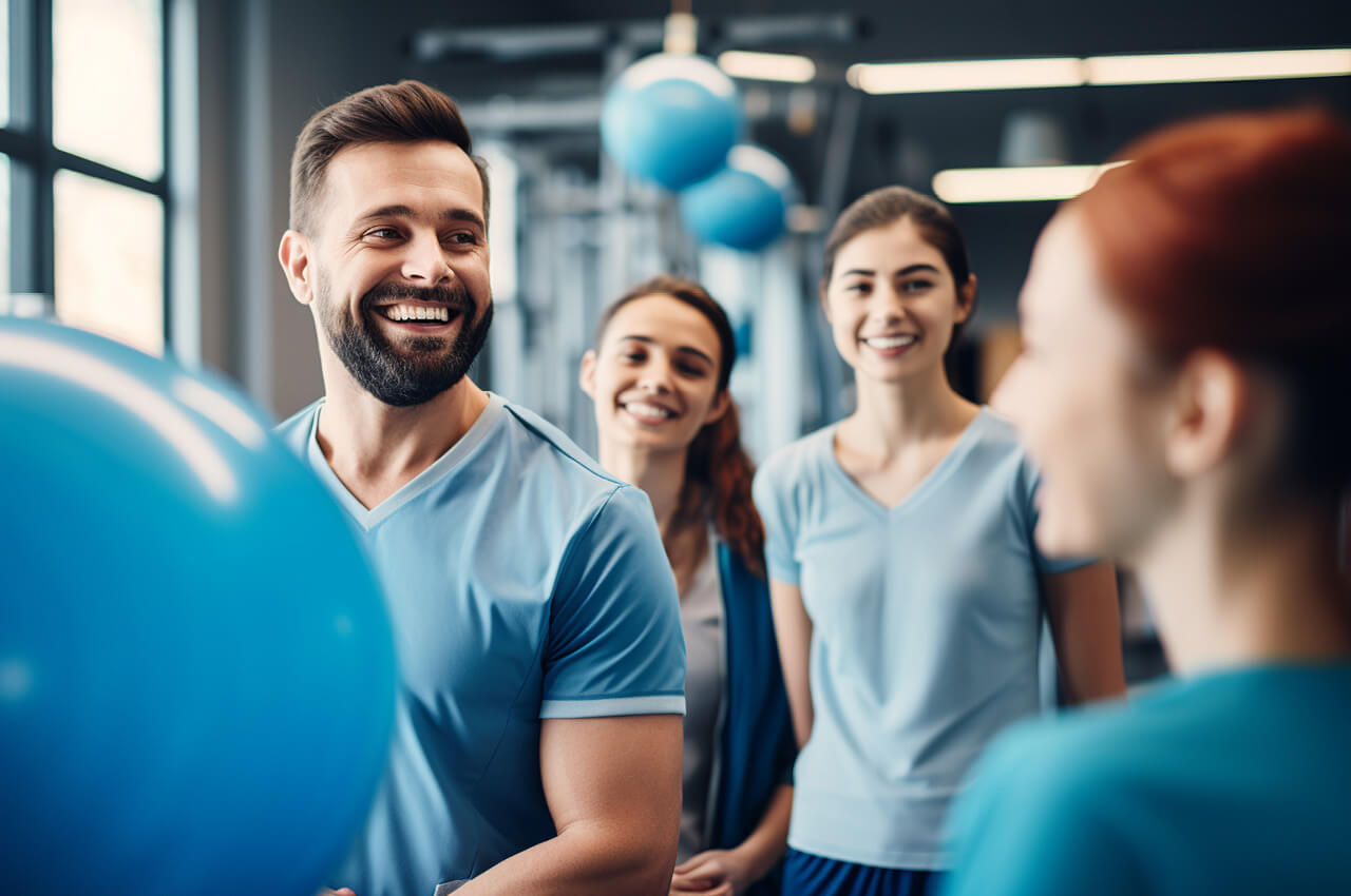 New Pay – Neue Gehaltsstrategie in der therapeutischen Praxis - 1 Eine Gruppe von vier lächelnden und fröhlich aussehenden Mitarbeitern einer therapeutischen oder sportlichen Einrichtung unterhält sich informell in einem Fitness- oder Gymnastikraum. Der Fokus liegt auf dem bärtigen Mann mit dem blauen Shirt im Vordergrund, der lacht. Blaue Gymnastikbälle sind im unscharfen Vorder- und Hintergrund zu sehen.