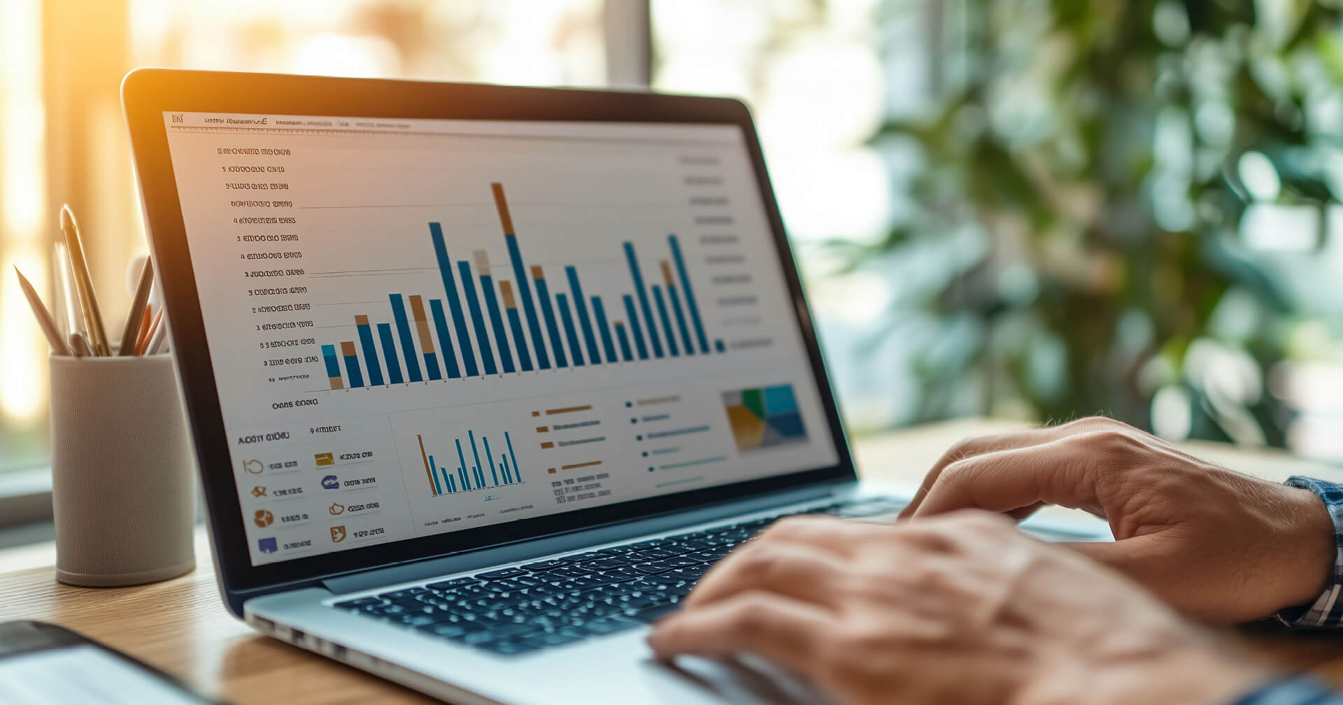 Hände an Laptop mit Balkendiagramm