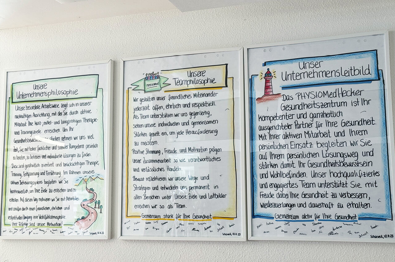 HHandgeschriebene Plakate mit der Unternehmens- und Teamphilosophie sowie dem Unternehmensleitbild